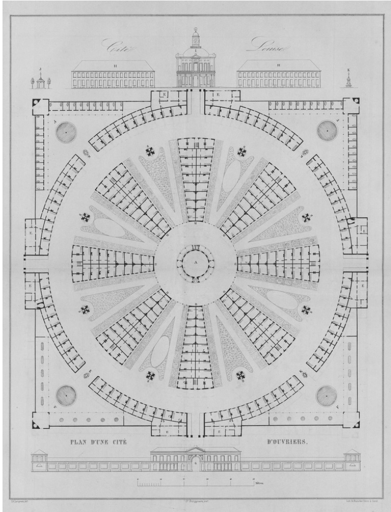 Architectural plan of Cité Louise, a radial 'Plan d'une Cité d'Ouvriers': a circular arrangement of worker housing blocks radiating from a central point, enclosed within a square perimeter.