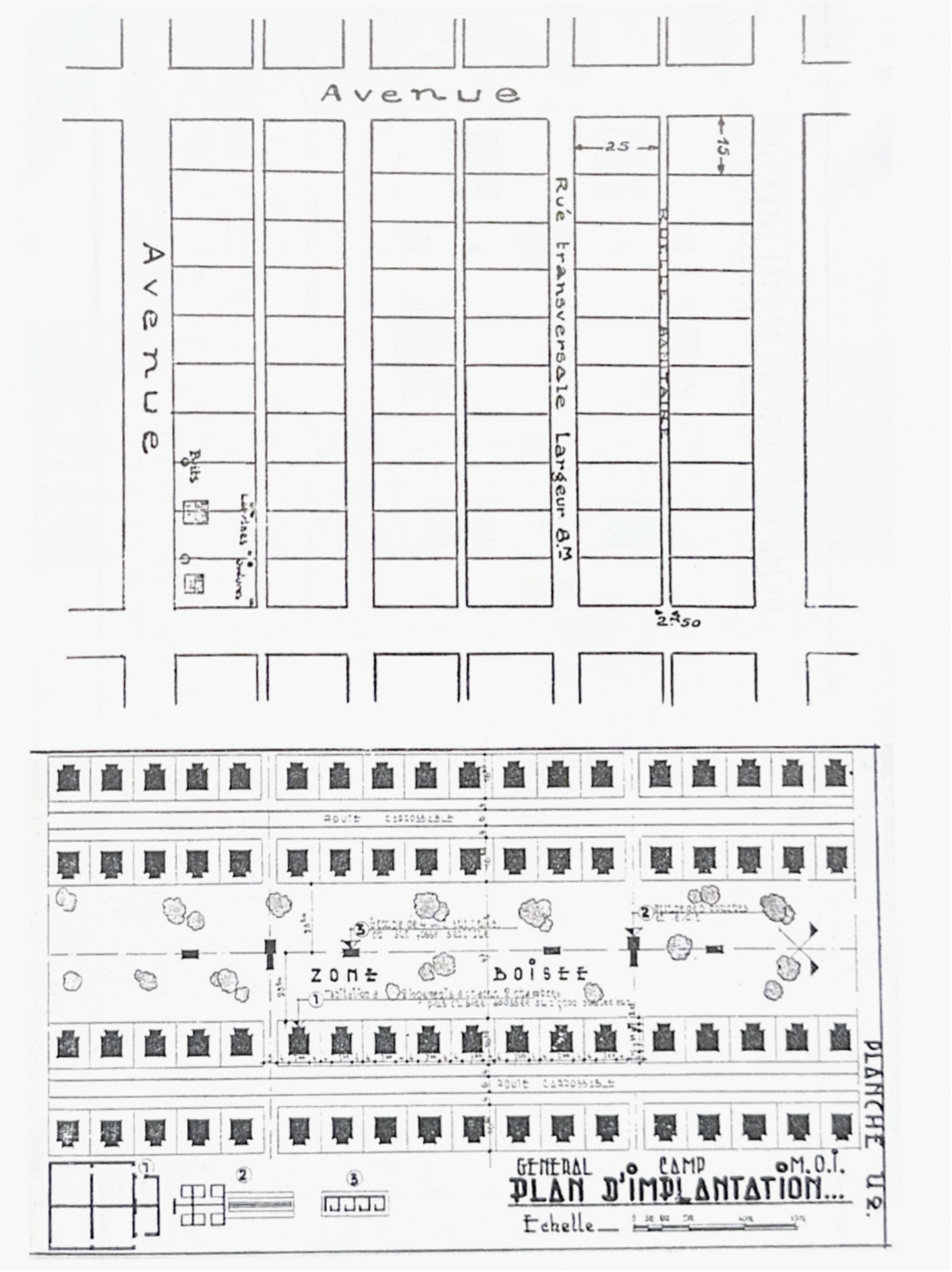 Plan used for new worker towns in Kolwezi such as Musonoi, featuring a regular grid with back-to-back housing plots.