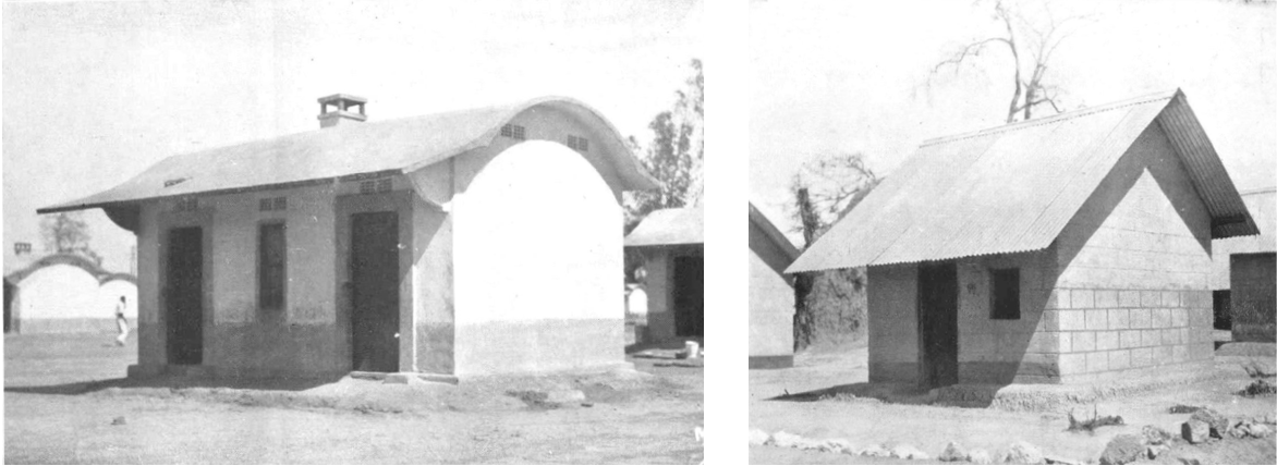 Historical photographs of standard individual houses in cement (left) and dry bricks with a running bond (right), built for UMHK workers circa 1933.