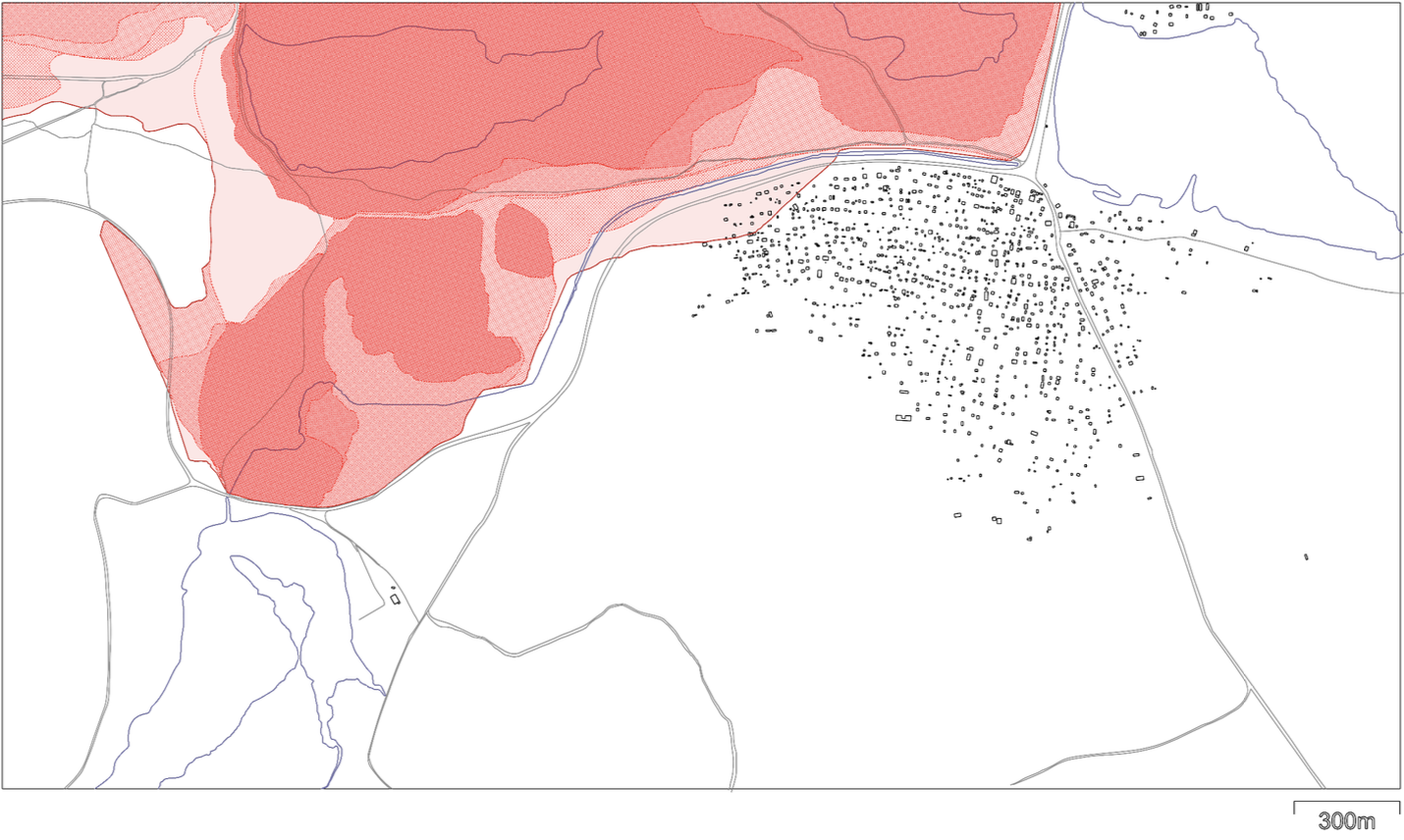 Map showing houses destroyed by the expansion of the COMMUS mine; highlighted in red are houses built and destroyed in the same year.