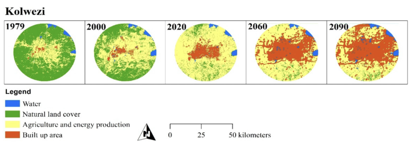 Land cover analysis maps showing Kolwezi's growth from 1979 to a 2090 projection, illustrating the rapid expansion of the built-up area at the expense of natural land cover.