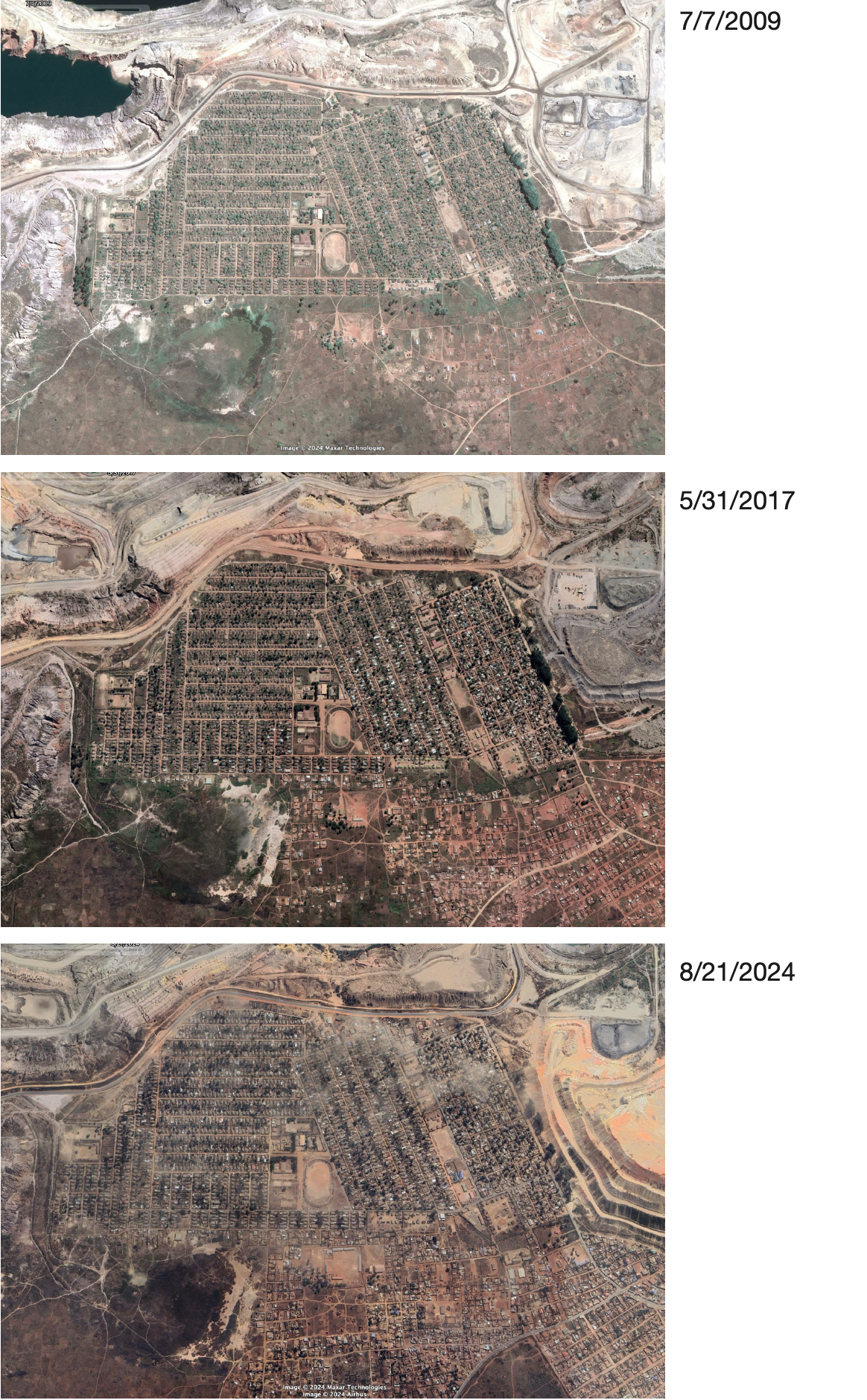 Satellite image of Musonoi showing the dense, irregular pattern of the informal settlement and the expanding mine pit that surrounds it.