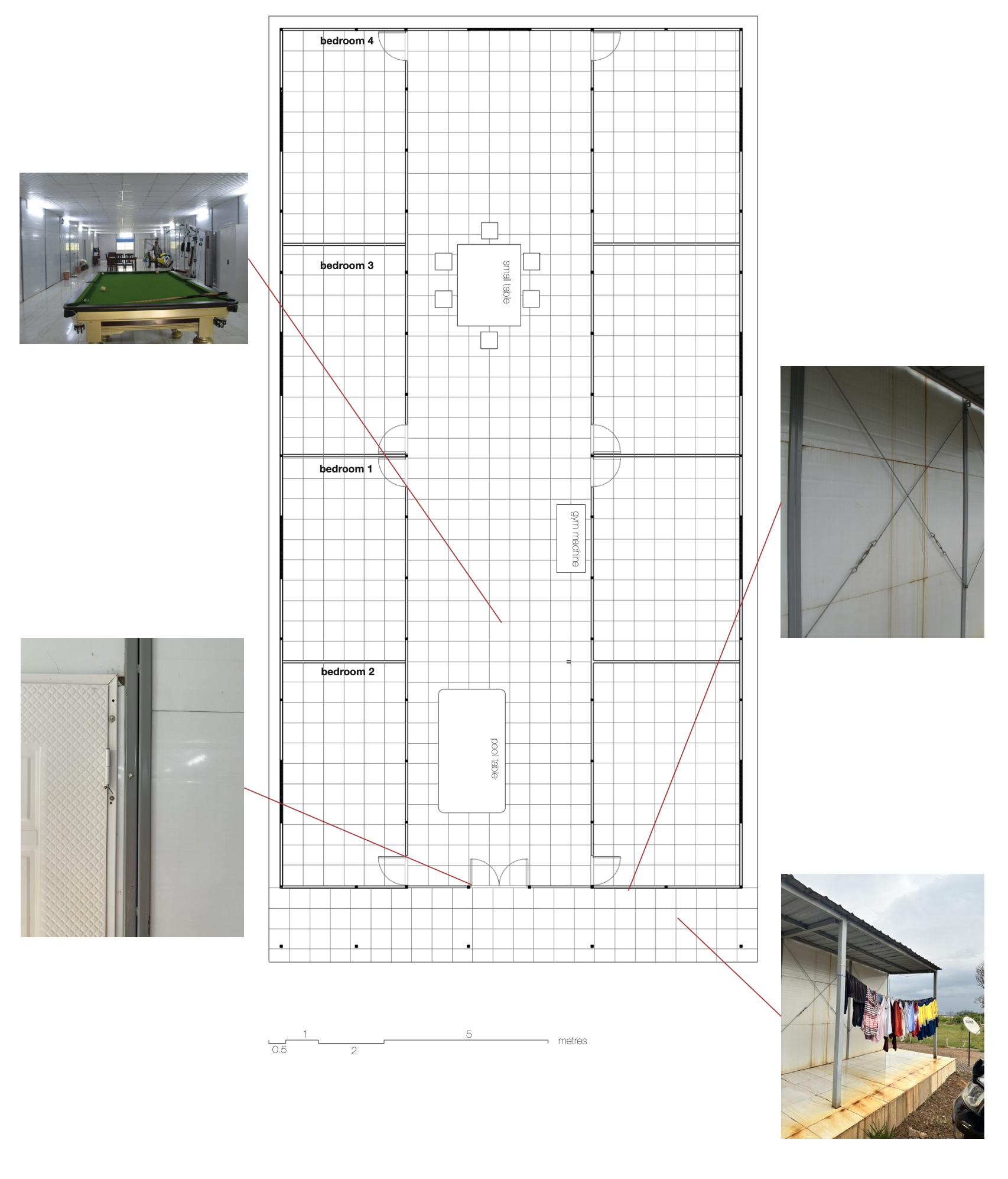 Plan of a new worker's dormitory at Kisanfu mine showing four bedrooms arranged around a central shared space with leisure facilities.