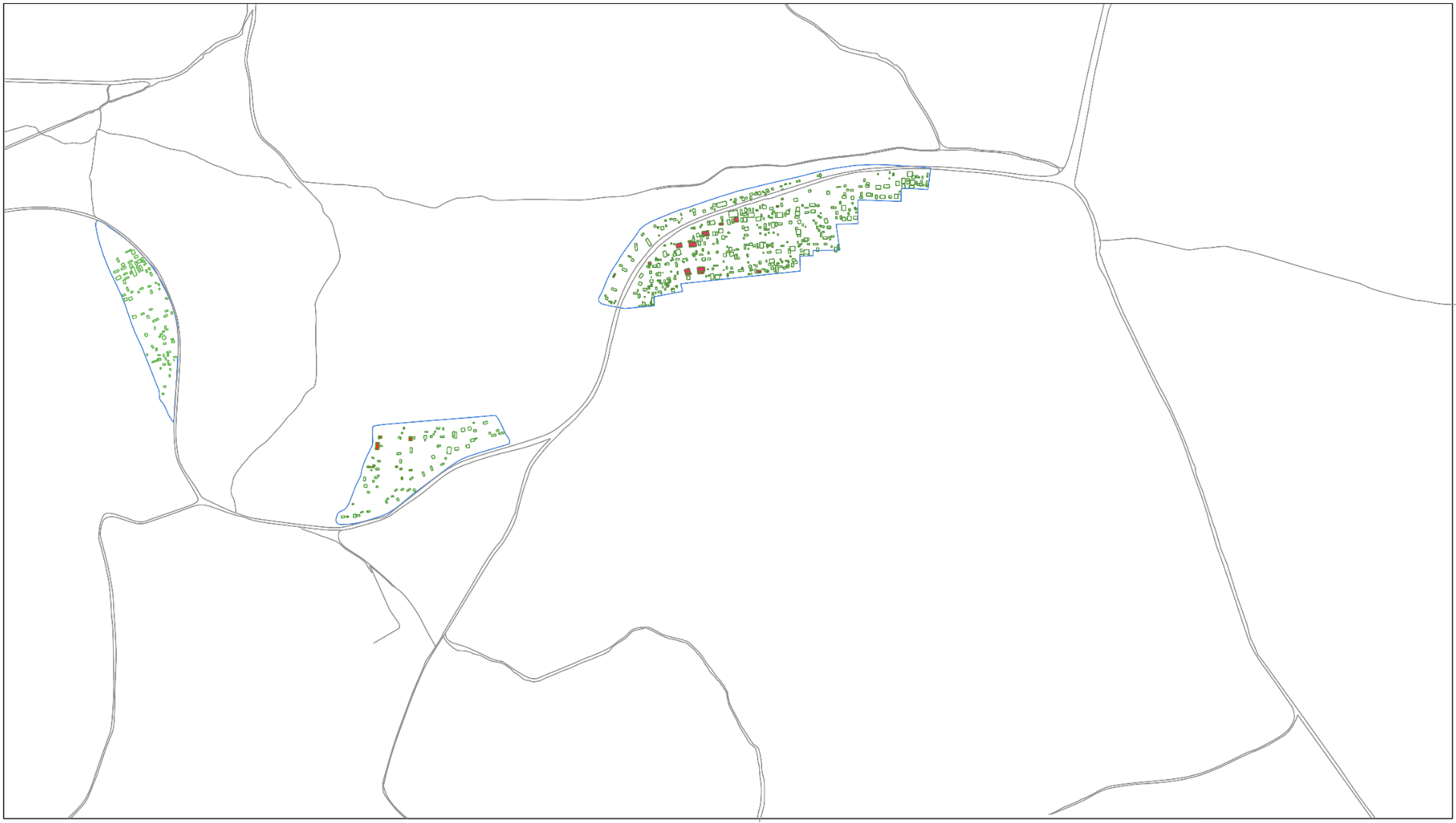 Site plan of the Kisanfu mine labour camp showing settlement clusters arranged along a road.