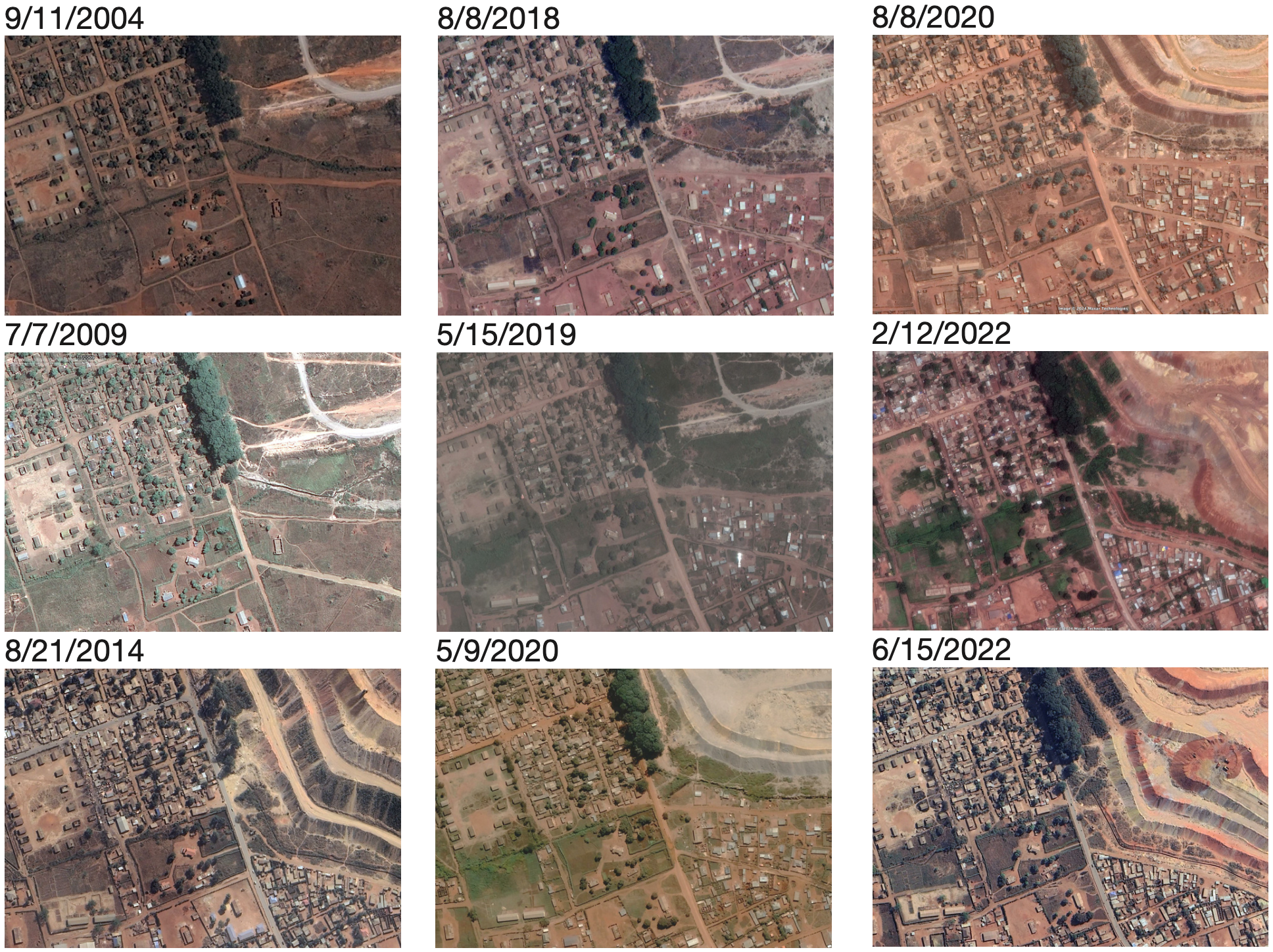 Satellite timelapse grid showing development around Musonoi from 2004 to 2022, showing densification and mine expansion.