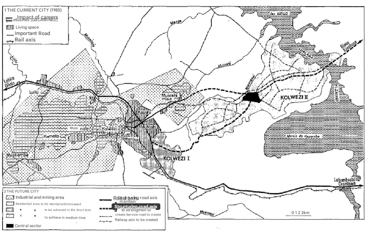 Map showing the 1985 Kolwezi urban plan, with Kolwezi I at the centre and Kolwezi II proposed to the east, overlaid with mining concessions, residential zones, and road axes.