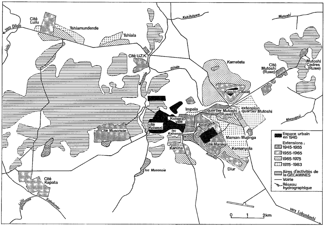 Map illustrating Kolwezi's expansion over time, showing successive rings of urban growth from the 1940s to 1985.